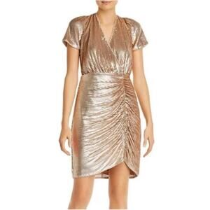 Aidan Mattox Women's Cocktail Dress Size 2 Gold Sequin Short Sleeve Mini Sheath
